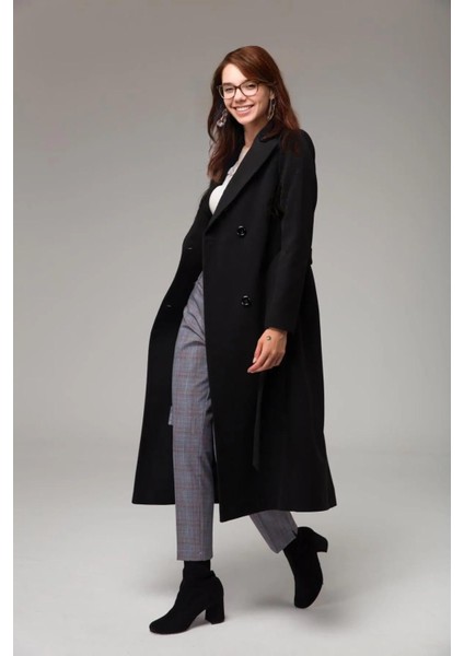 Tam Boy Beli Kuşaklı Kaşmir Kaşe Kaban