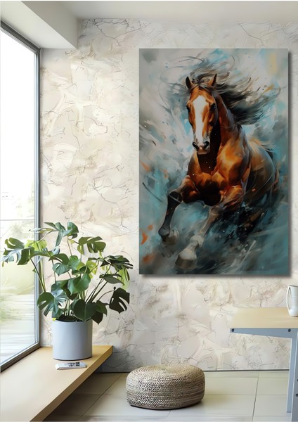 Soyut Suluboya Görünümlü At Sanat Tablosu Ahşap Dekoratif Tablo Dikdörtgen Tablo
