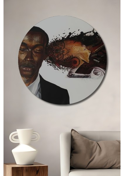 Siyah Beyaz Kara Kalem Görünümlü Modern Sanat Ahşap Dekoratif Tablo Düşünce Patlaması Yuvarlak Tablo