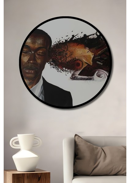 Siyah Beyaz Kara Kalem Görünümlü Modern Sanat Ahşap Dekoratif Tablo Düşünce Patlaması Yuvarlak Tablo fiyatları