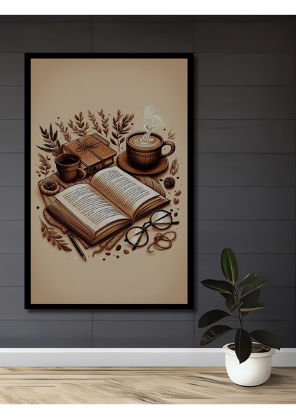 Kahve ve Kitap Aşkı Sulu Boya Görünümlü Ahşap Dekoratif Tablo Dikdörtgen Tablo fiyatları