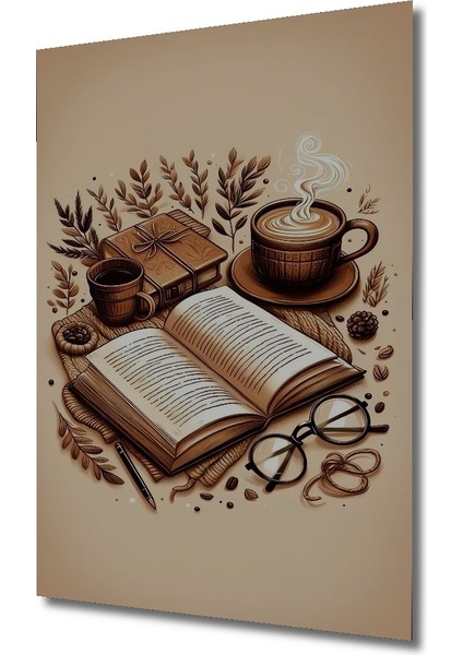 Kahve ve Kitap Aşkı Sulu Boya Görünümlü Ahşap Dekoratif Tablo Dikdörtgen Tablo modelleri