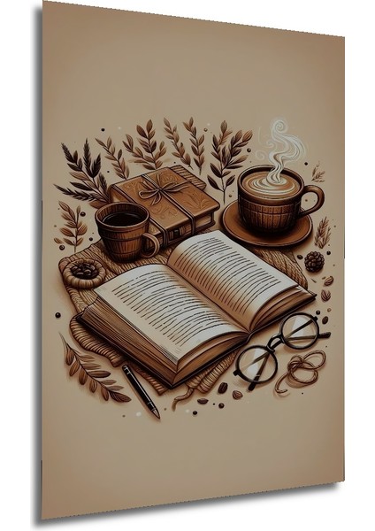 Kahve ve Kitap Aşkı Sulu Boya Görünümlü Ahşap Dekoratif Tablo Dikdörtgen Tablo fırsatları