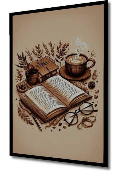 Kahve ve Kitap Aşkı Sulu Boya Görünümlü Ahşap Dekoratif Tablo Dikdörtgen Tablo indirimleri