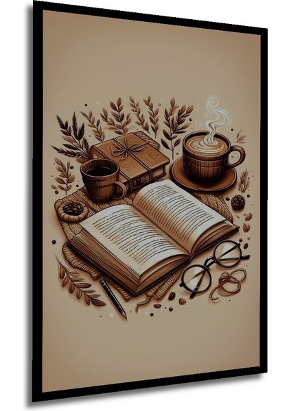 Kahve ve Kitap Aşkı Sulu Boya Görünümlü Ahşap Dekoratif Tablo Dikdörtgen Tablo