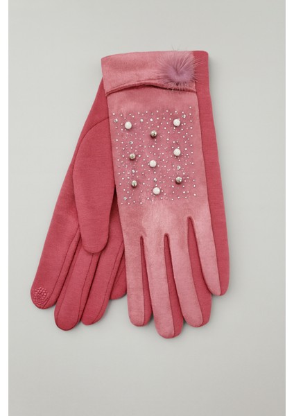 Kadın Taşlı Süet Dokunmatik Eldiven Pembe