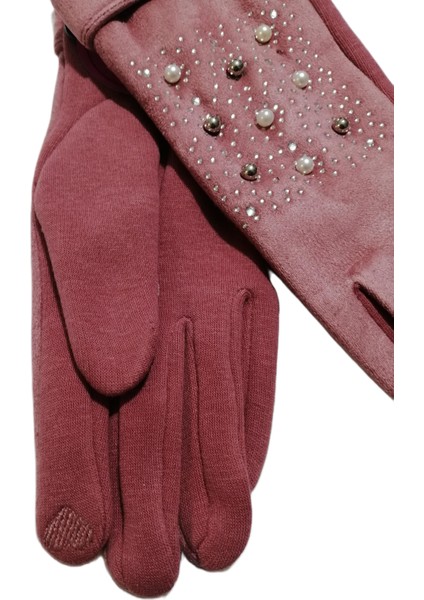 Kadın Taşlı Süet Dokunmatik Eldiven Pembe modelleri