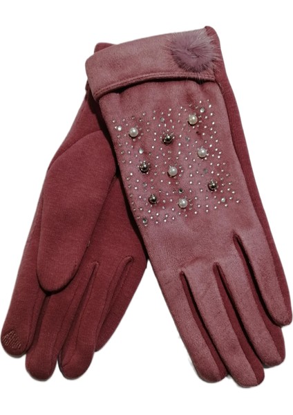 Kadın Taşlı Süet Dokunmatik Eldiven Pembe fırsatları