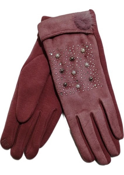 Kadın Taşlı Süet Dokunmatik Eldiven Pembe indirimleri