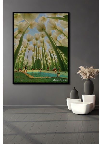 Dev Boyutlu Beyaz Lale Manzarası Sulu Boya Görünümlü Dekoratif Ahşap Tablo Dikdörtgen Tablo fiyatları