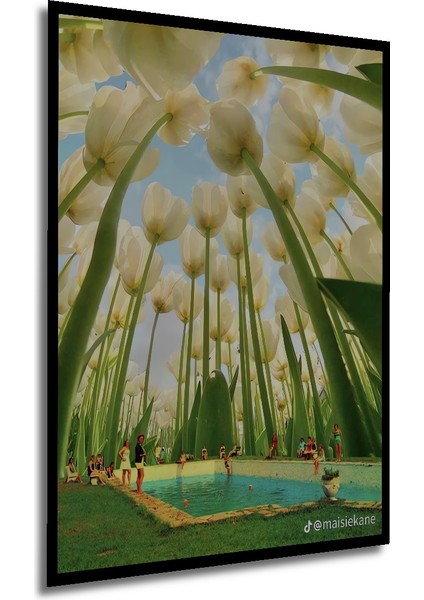 Dev Boyutlu Beyaz Lale Manzarası Sulu Boya Görünümlü Dekoratif Ahşap Tablo Dikdörtgen Tablo indirimleri