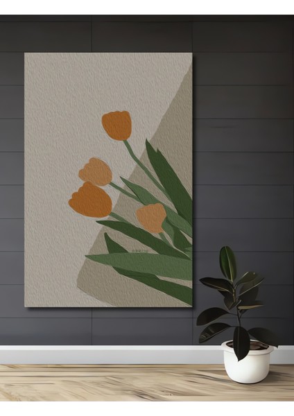 Turuncu Lale Yağlı Boya Görünümlü Modern Sanat Dekoratif Ahşap Tablo Dikdörtgen Tablo