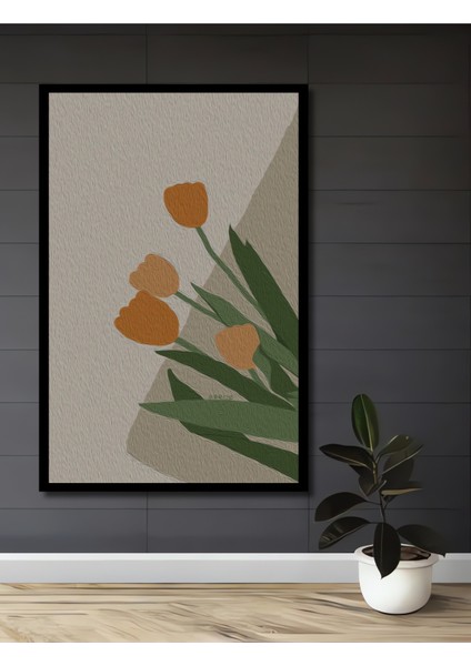 Turuncu Lale Yağlı Boya Görünümlü Modern Sanat Dekoratif Ahşap Tablo Dikdörtgen Tablo fiyatları