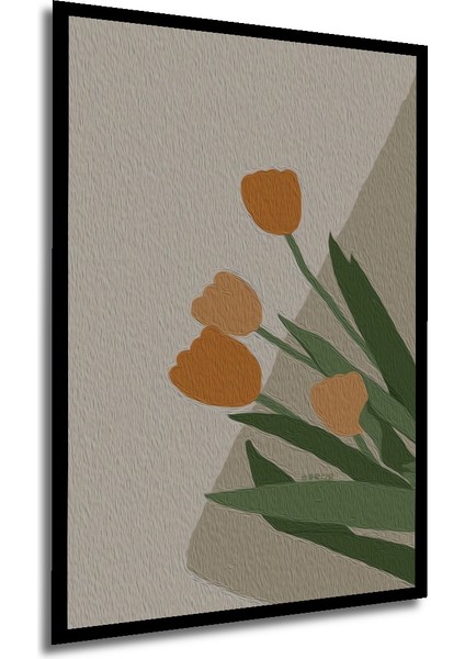 Turuncu Lale Yağlı Boya Görünümlü Modern Sanat Dekoratif Ahşap Tablo Dikdörtgen Tablo