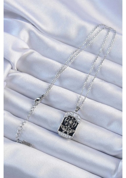 316L Çelik Zincir Gümüş Renk İşlemeli Siyah Mineli Tarot Kolye - TJ-BKO9237 fiyatları
