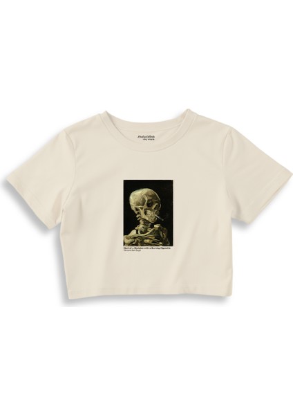 Skull Of A Skeleton With Burning Cigarette Crop Tişört - Ekru