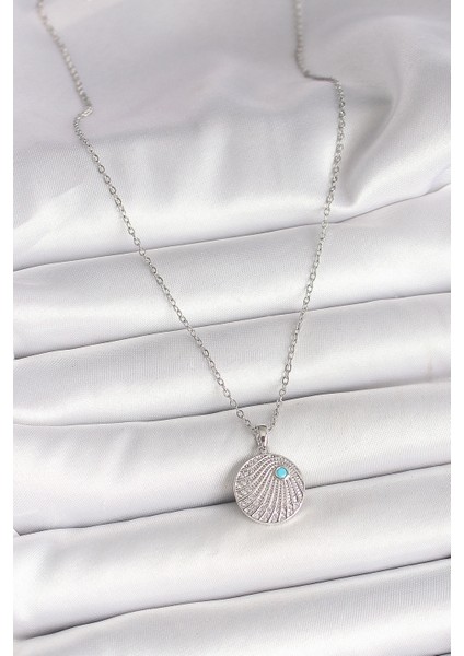 316L Çelik Gümüş Renk Zincir Zirkon Taşlı Mavi Taş Detaylı Madalyon Model Kadın Kolye - TJ-BKO9965 fiyatları