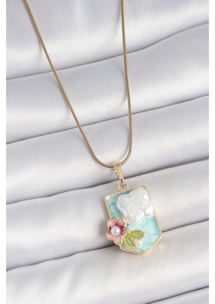 316L Çelik Gold Renk Zincir Mavi Mineli Incili Çiçek Işlemeli Portre Model Kadın Kolye - TJ-BKO10187