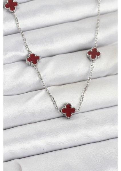 316L Çelik Zincir Gümüş Renk Bordo Baby Boy Yonca Kadın Kolye - TJ-BKO10577