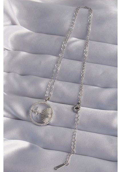 316L Çelik Zincir Gümüş Renk Zirkon Taşlı Yıldız Figürlü Oval Kolye - TJ-BKO9024 fiyatları