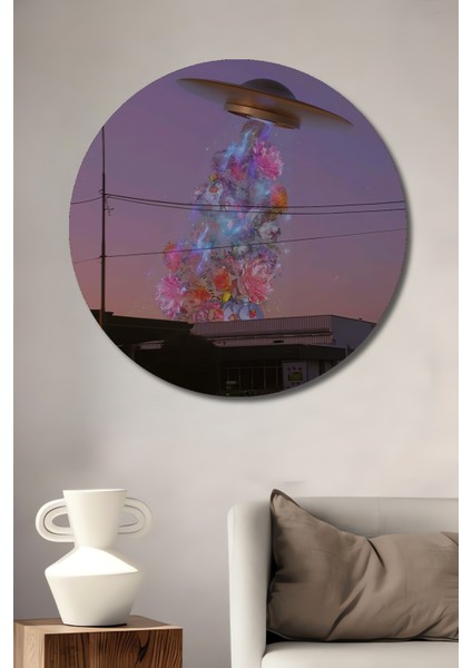Uzay Çiçekleri Çekimi Ahşap Dekoratif Tablo Yuvarlak Tablo
