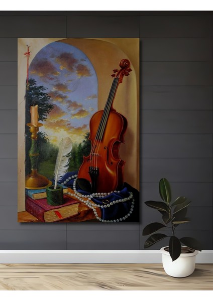 Violin ve Tüy Kalem Yağlı Boya Görünümlü Ahşap Dekoratif Tablo Dikdörtgen Tablo