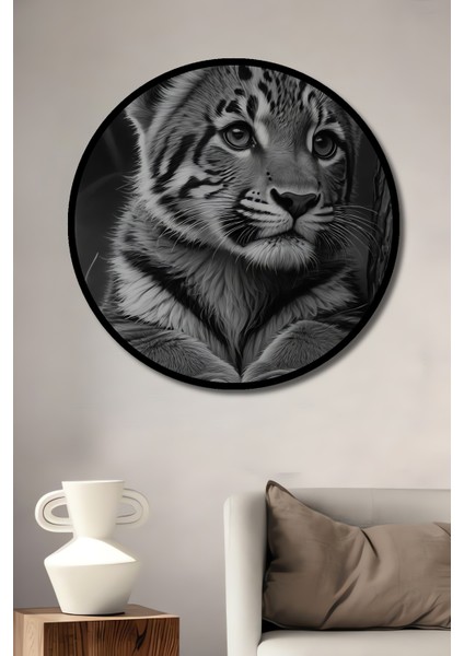 Sevimli Yavru Kaplan Ahşap Dekoratif Tablo Kara Kalem Görünümlü Sanat Eseri Yuvarlak Tablo fiyatları