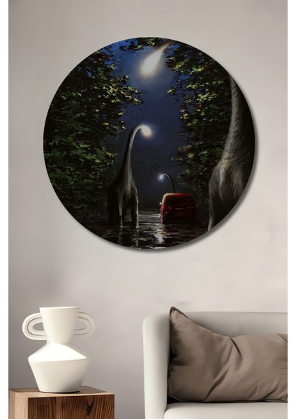 Dinozorlar ve Işıklarla Kara Kalem Görünümlü Ahşap Dekoratif Tablo Yuvarlak Tablo