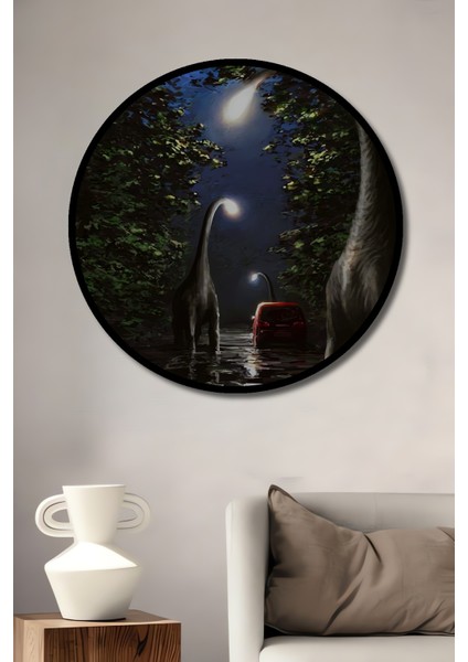 Dinozorlar ve Işıklarla Kara Kalem Görünümlü Ahşap Dekoratif Tablo Yuvarlak Tablo fiyatları