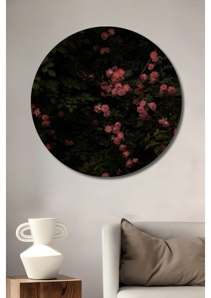 Romantik Pembe Gül Bahçesi Sulu Boya Görünümlü Ahşap Dekoratif Tablo Yuvarlak Tablo