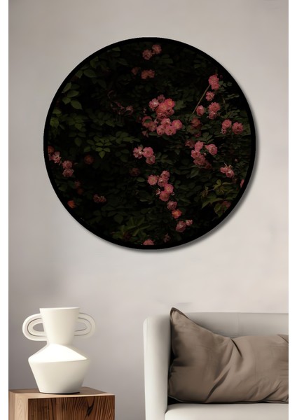 Romantik Pembe Gül Bahçesi Sulu Boya Görünümlü Ahşap Dekoratif Tablo Yuvarlak Tablo fiyatları