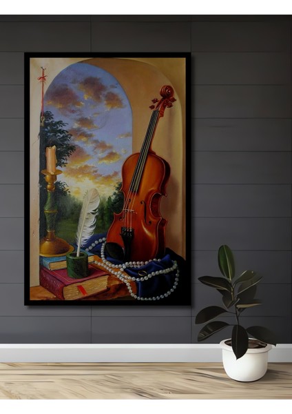 Violin ve Tüy Kalem Yağlı Boya Görünümlü Ahşap Dekoratif Tablo Dikdörtgen Tablo fiyatları