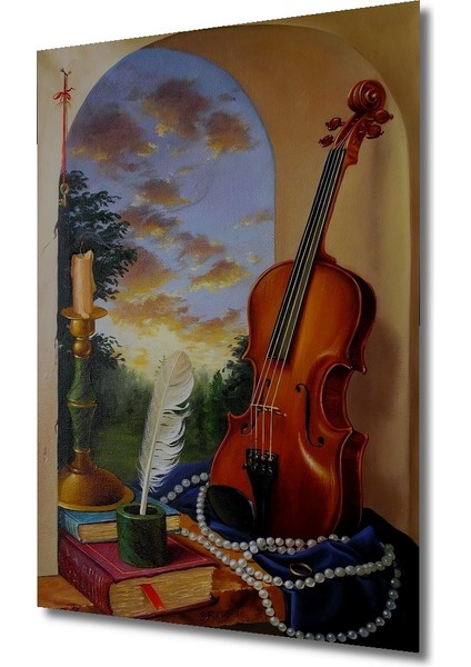 Violin ve Tüy Kalem Yağlı Boya Görünümlü Ahşap Dekoratif Tablo Dikdörtgen Tablo modelleri
