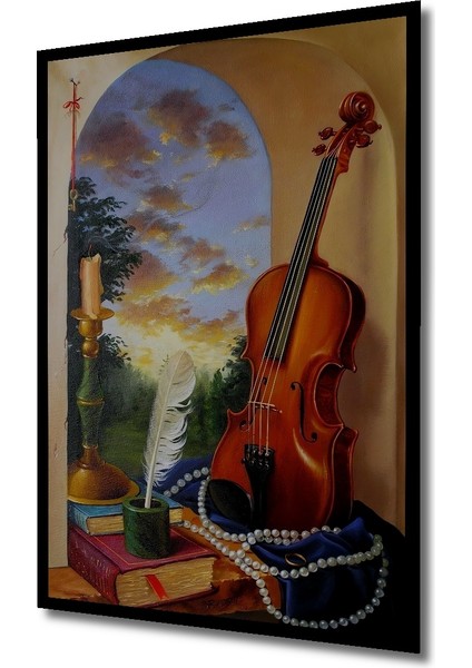 Violin ve Tüy Kalem Yağlı Boya Görünümlü Ahşap Dekoratif Tablo Dikdörtgen Tablo indirimleri
