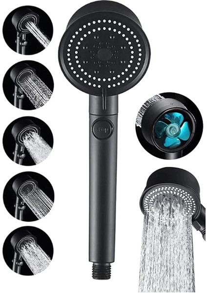 Turbo Power Siyah Pervaneli 5 Fonksiyonlu Yüksek Basınçlı Mat Siyah Duş Başlığı El Duşu -