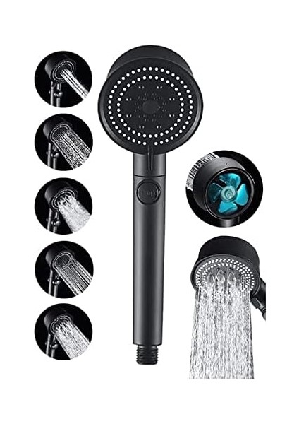 Turbo Power Siyah Pervaneli 5 Fonksiyonlu Yüksek Basınçlı Mat Siyah Duş Başlığı El Duşu - fiyatları