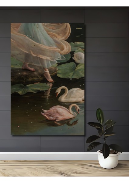 Gölde Kuğu ve Peri Yağlı Boya Görünümlü Ahşap Dekoratif Tablo Dikdörtgen Tablo