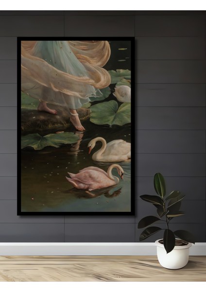 Gölde Kuğu ve Peri Yağlı Boya Görünümlü Ahşap Dekoratif Tablo Dikdörtgen Tablo fiyatları