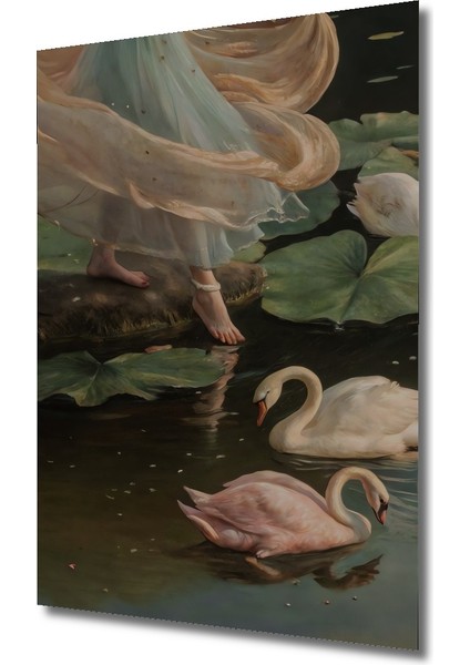 Gölde Kuğu ve Peri Yağlı Boya Görünümlü Ahşap Dekoratif Tablo Dikdörtgen Tablo modelleri