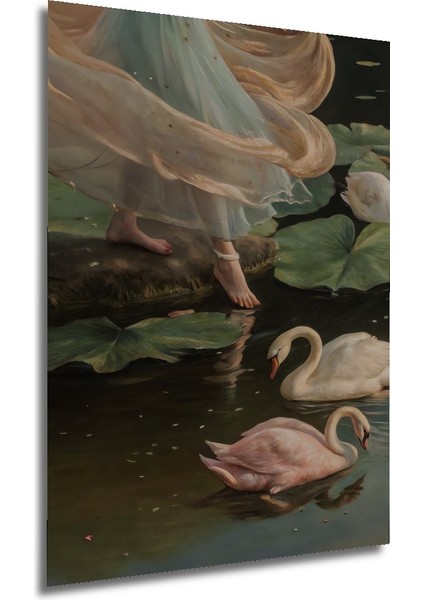 Gölde Kuğu ve Peri Yağlı Boya Görünümlü Ahşap Dekoratif Tablo Dikdörtgen Tablo fırsatları