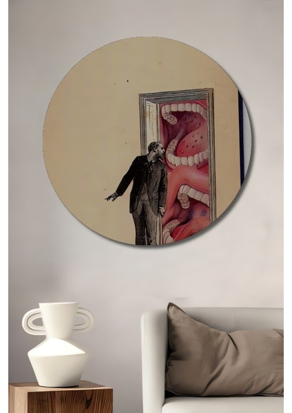 Kara Kalem Görünümlü Korku Kapısı Ahşap Dekoratif Tablo Yuvarlak Tablo