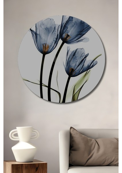 Mavi Lale Sulu Boya Görünümlü Ahşap Dekoratif Tablo Yuvarlak Tablo