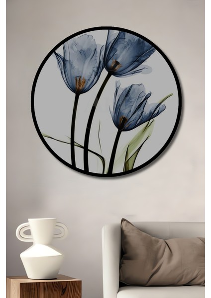 Mavi Lale Sulu Boya Görünümlü Ahşap Dekoratif Tablo Yuvarlak Tablo fiyatları