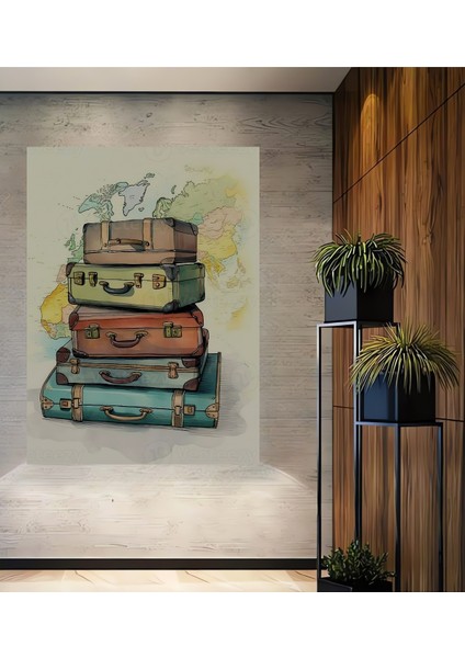 Seyahat Temalı Sulu Boya Görünümlü Ahşap Dekoratif Tablo Dikdörtgen Tablo