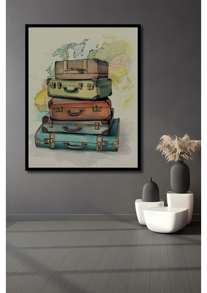 Seyahat Temalı Sulu Boya Görünümlü Ahşap Dekoratif Tablo Dikdörtgen Tablo fiyatları