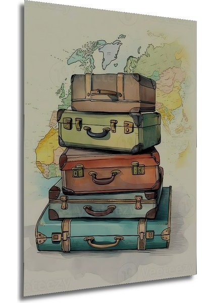 Seyahat Temalı Sulu Boya Görünümlü Ahşap Dekoratif Tablo Dikdörtgen Tablo fırsatları