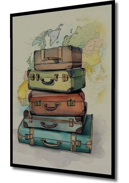 Seyahat Temalı Sulu Boya Görünümlü Ahşap Dekoratif Tablo Dikdörtgen Tablo indirimleri