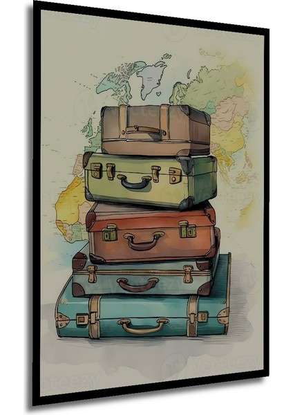 Seyahat Temalı Sulu Boya Görünümlü Ahşap Dekoratif Tablo Dikdörtgen Tablo