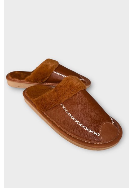 Deri Görünümlü Kürklü Erkek Ev Terliği Taba fiyatları