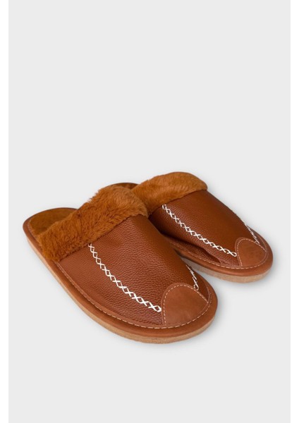 Deri Görünümlü Kürklü Erkek Ev Terliği Taba modelleri